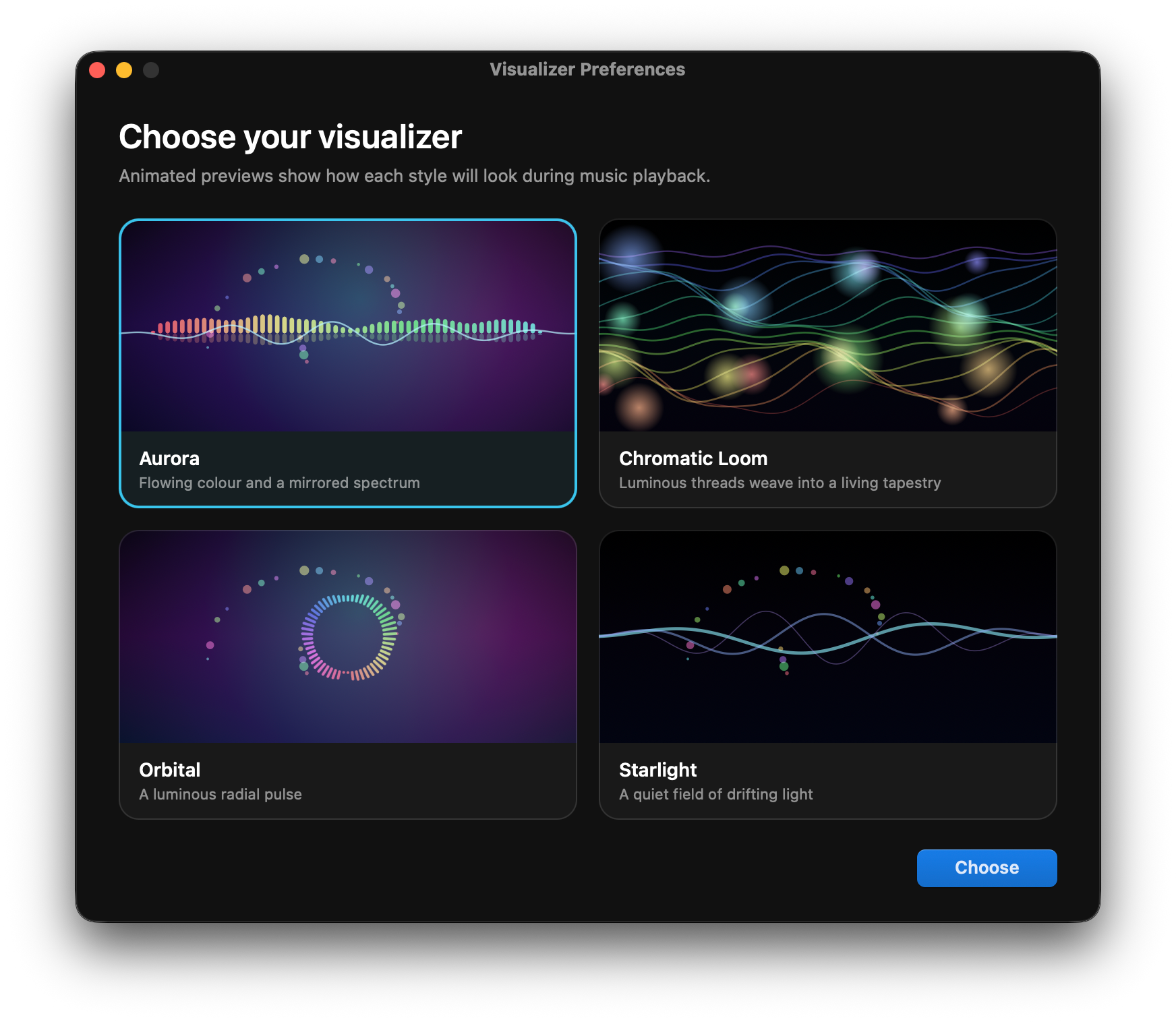 Axion visualiser preferences with Aurora, Chromatic Loom, Orbital and Starlight styles