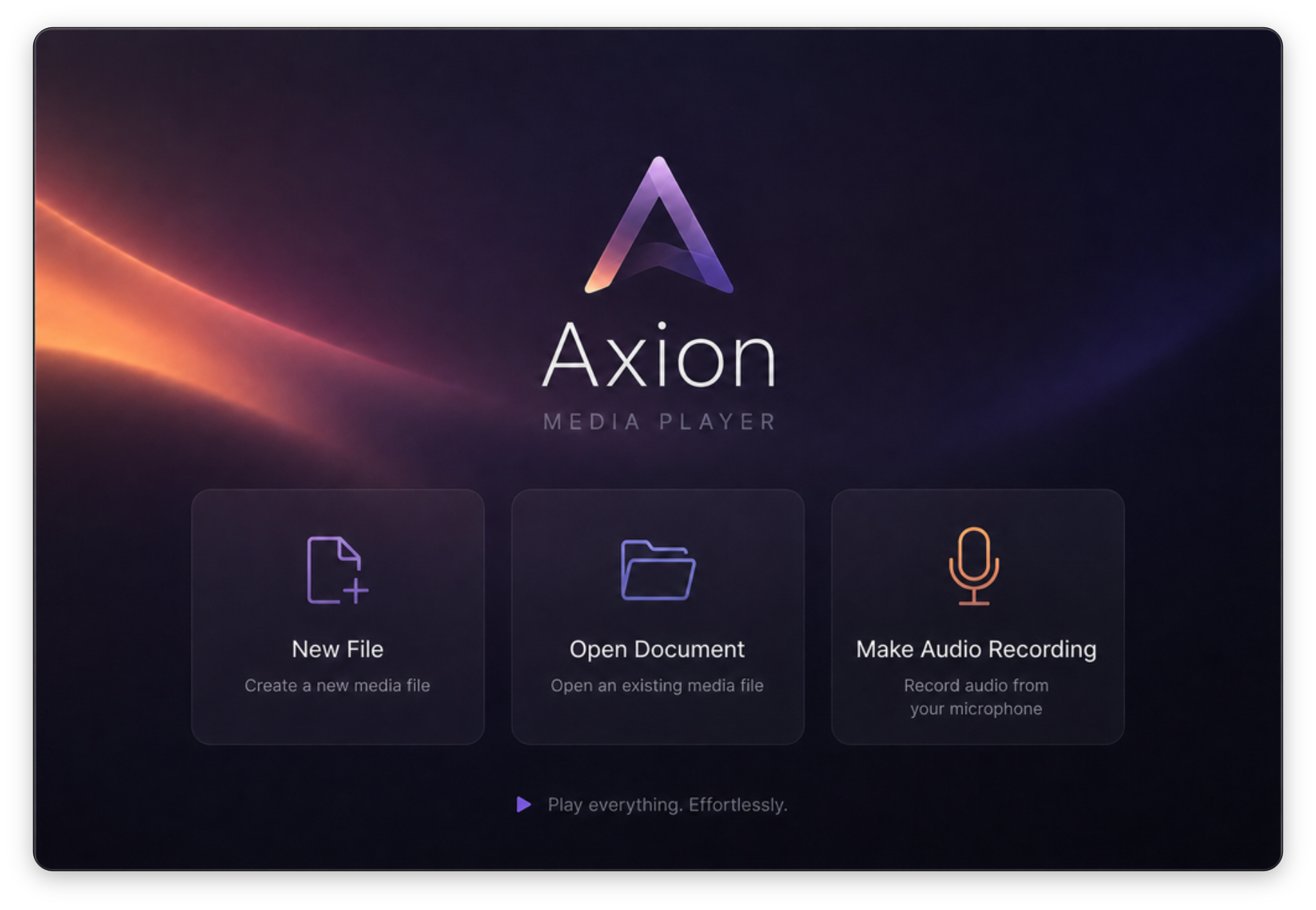 Axion welcome screen with New File, Open Document and Make Audio Recording options