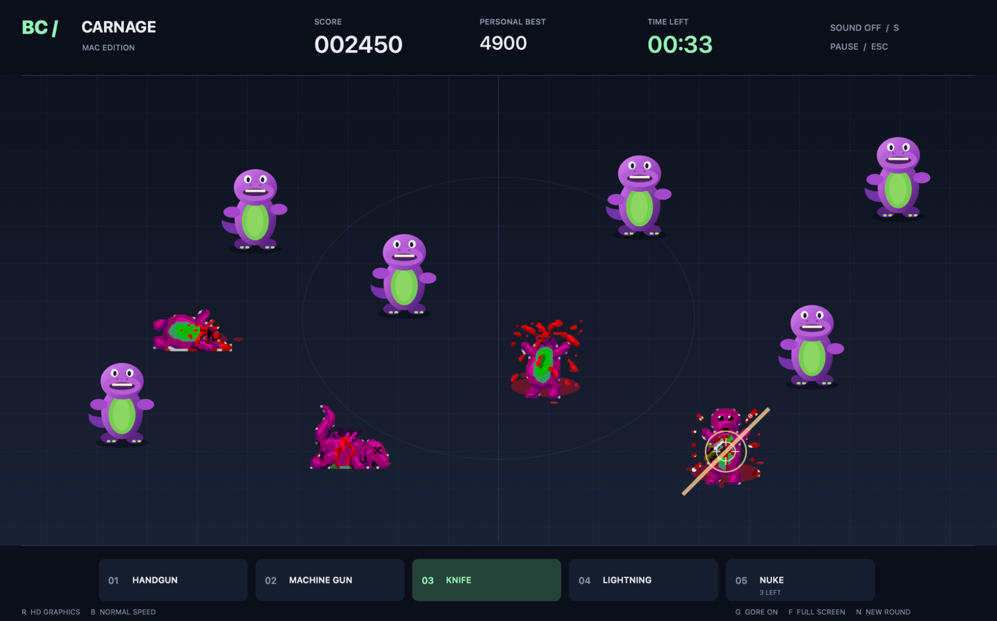 Barney Carnage gameplay screenshot showing knife weapon and purple dinosaur targets
