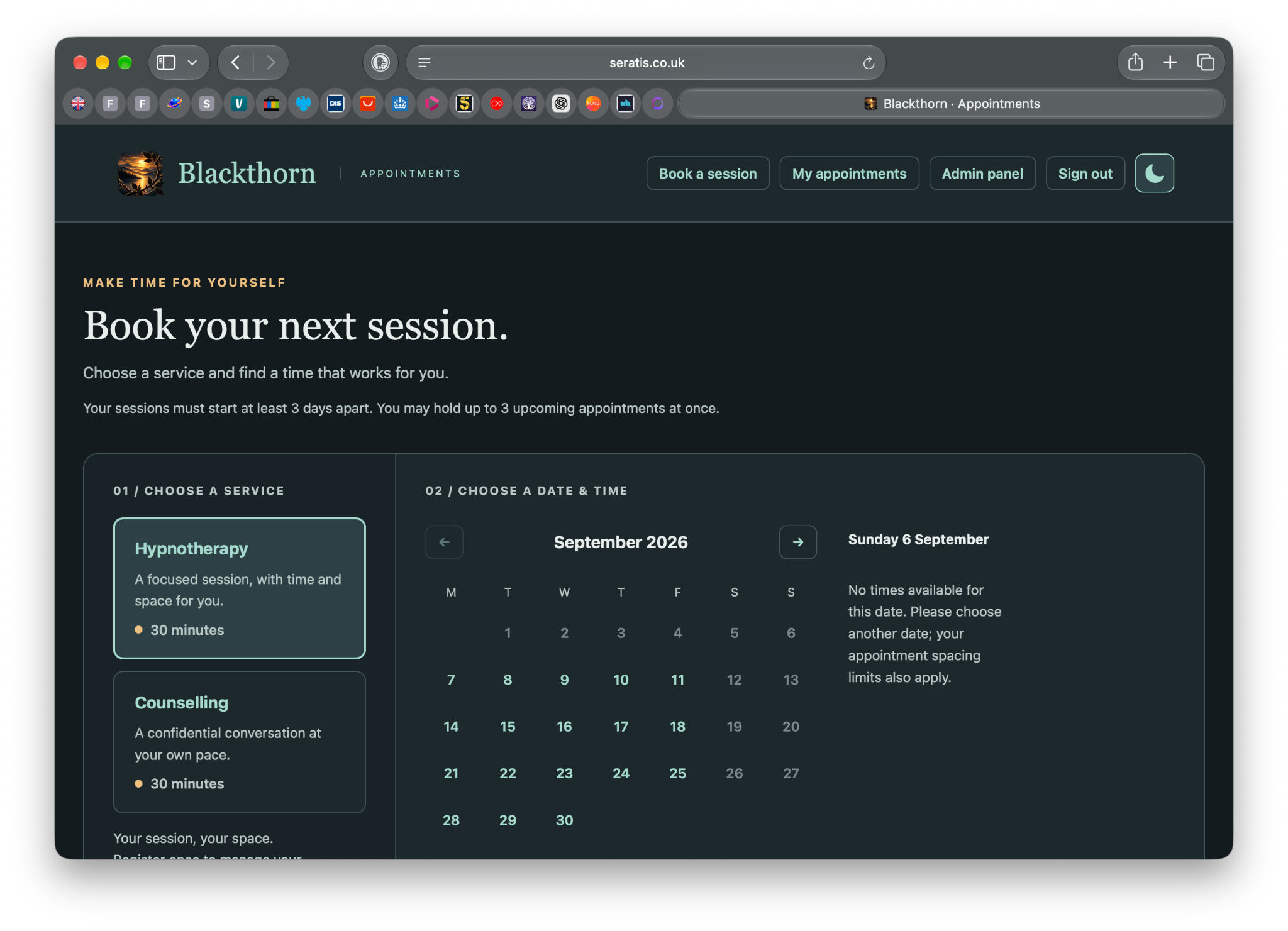 Blackthorn booking screen in dark mode