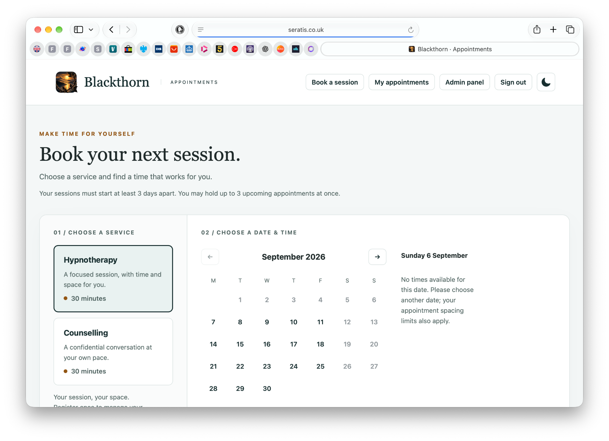 Blackthorn booking interface in light mode