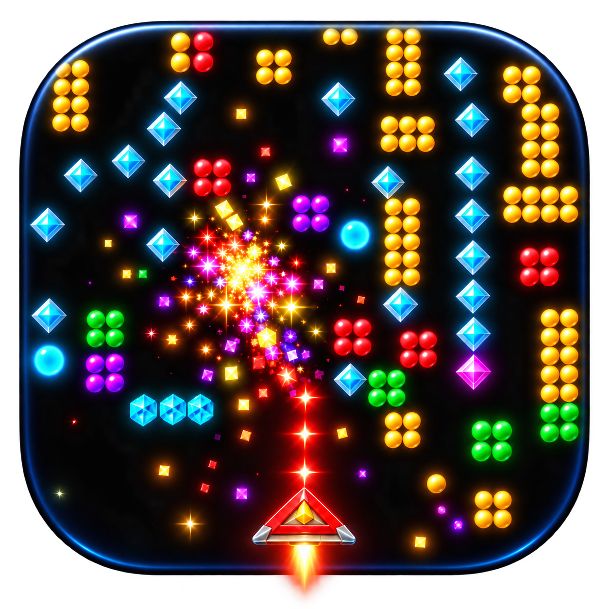 Firefall Revisited app icon featuring a spaceship blasting colourful gems