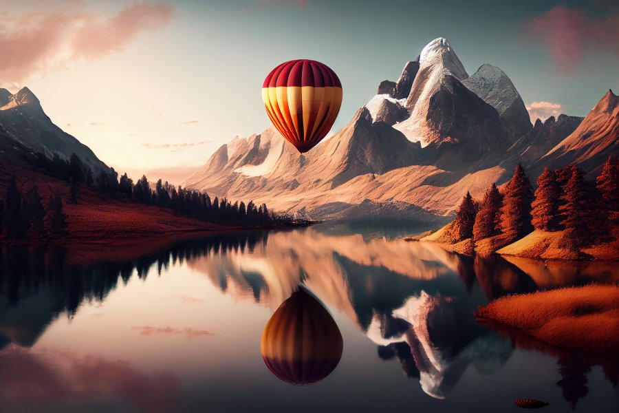 mountain landscape with hot air balloon dawn generative ai
