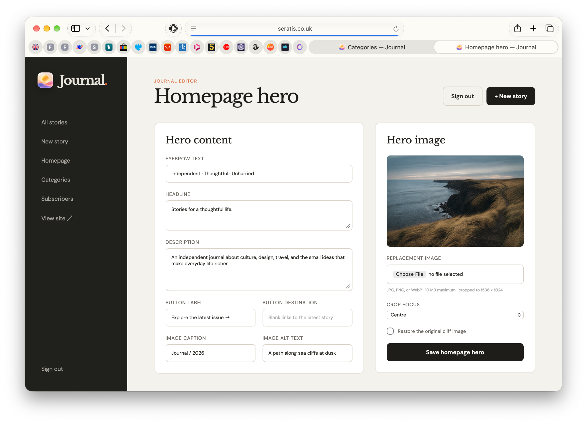 Journal homepage editor