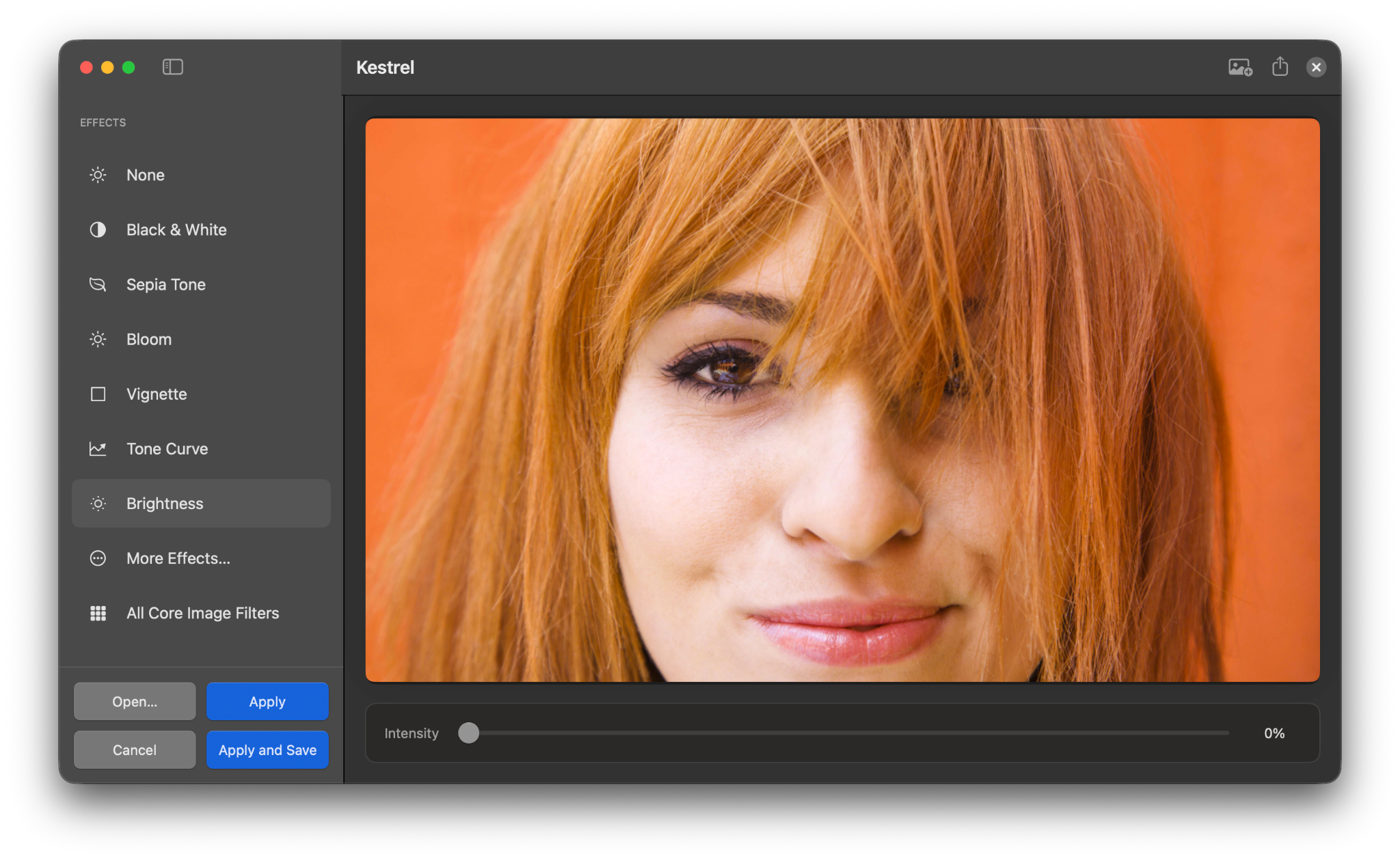 Kestrel app in dark mode showing the Bloom image effect