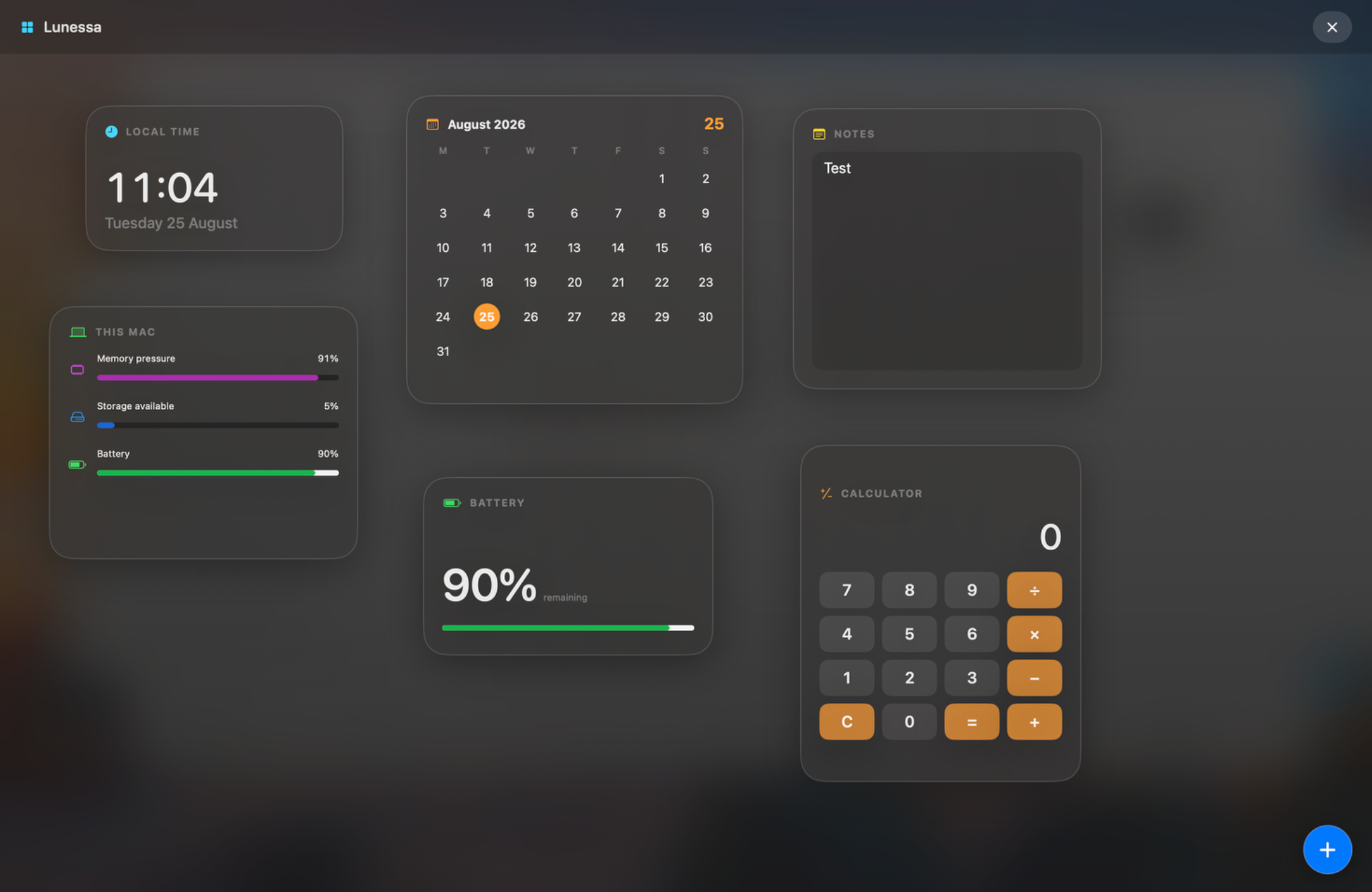 Lunessa Dashboard showing clock, calendar, notes, system stats, battery and calculator widgets