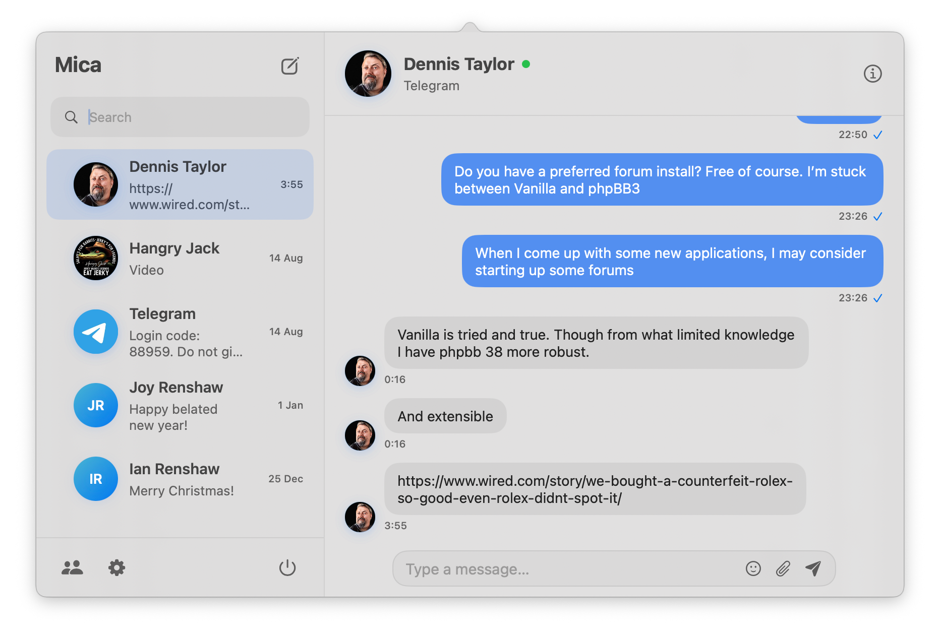 Mica in light mode showing a compact Telegram conversation window