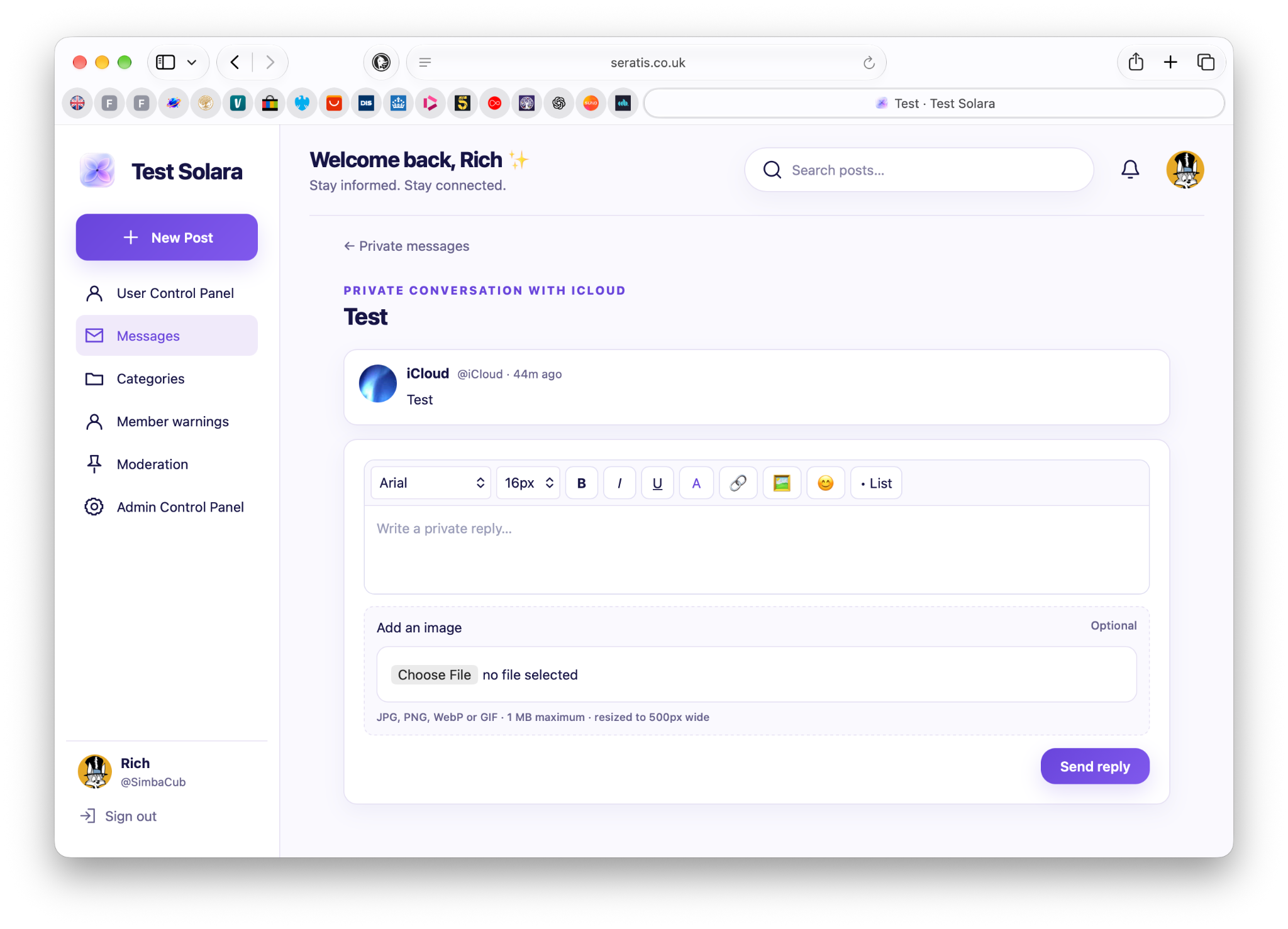 Solara private message conversation and reply editor
