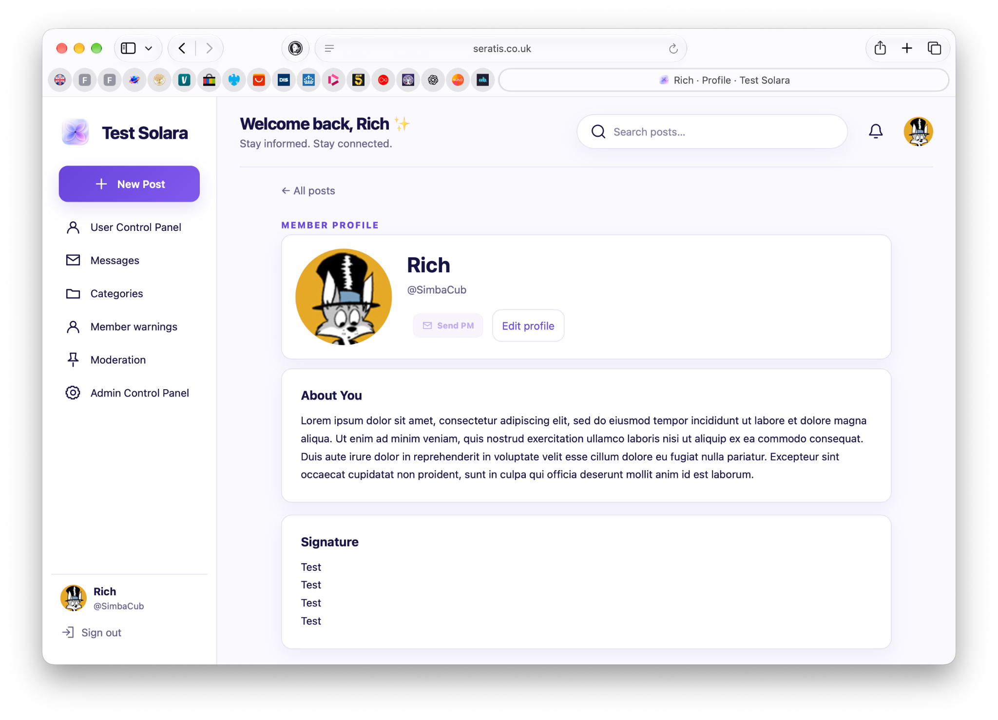 Solara member profile page