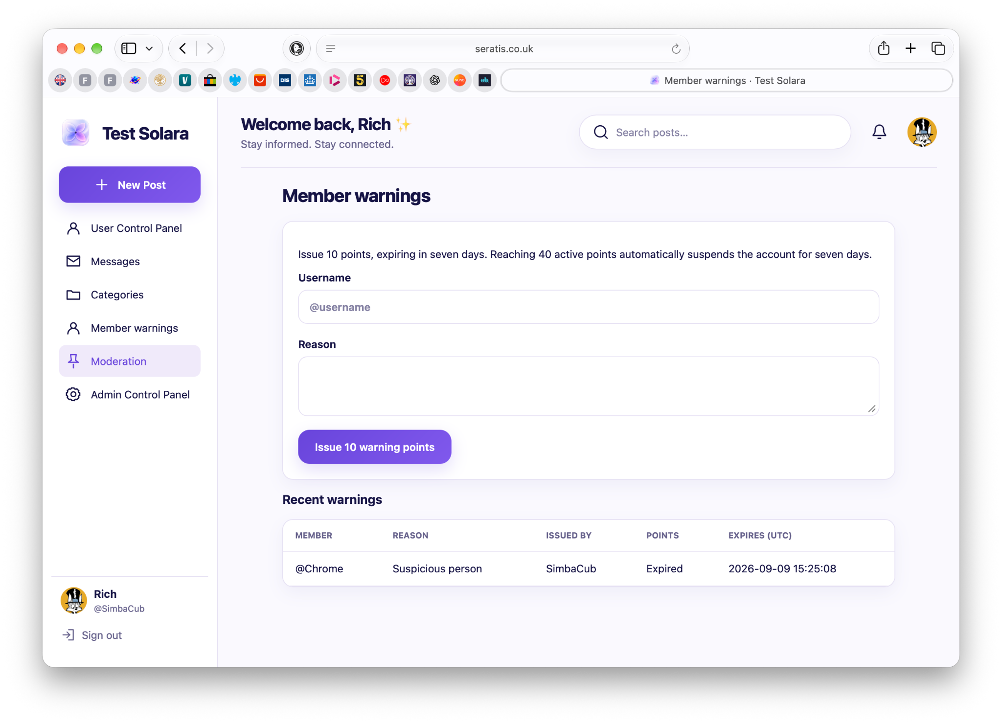 Solara member warnings and moderation interface