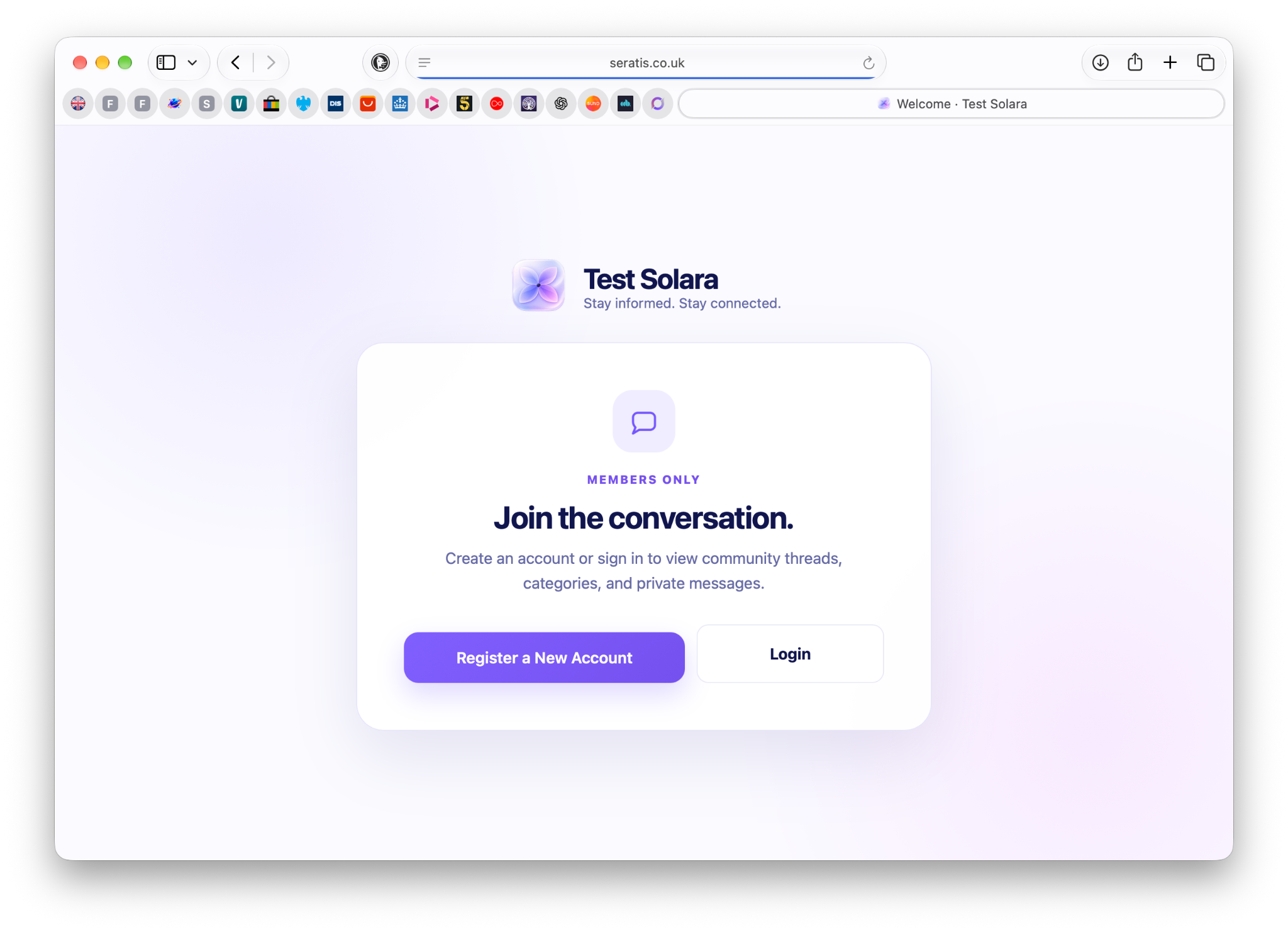 Solara members-only welcome and registration screen