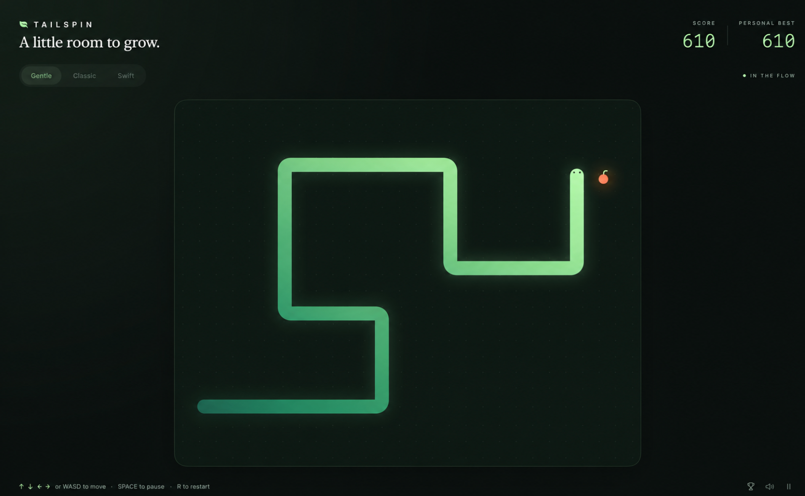 Tailspin Snake game preview with a glowing green snake, fruit, game modes, and score display