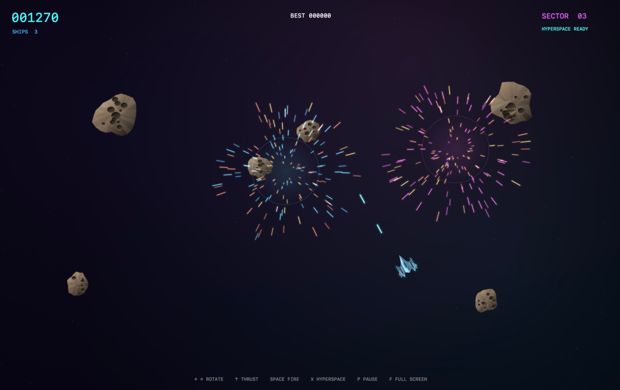 Vectra gameplay with colourful particle explosions, asteroids and a spaceship