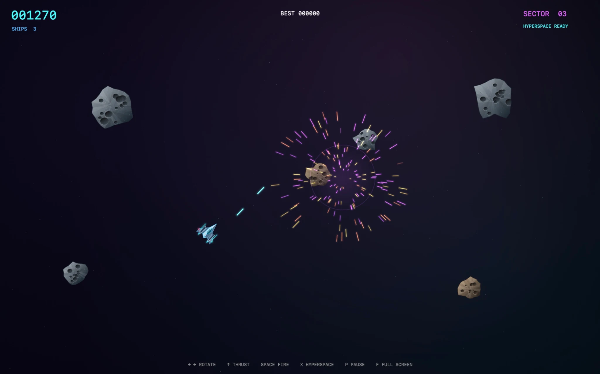 Vectra gameplay showing a spaceship firing at asteroids amid colourful explosions