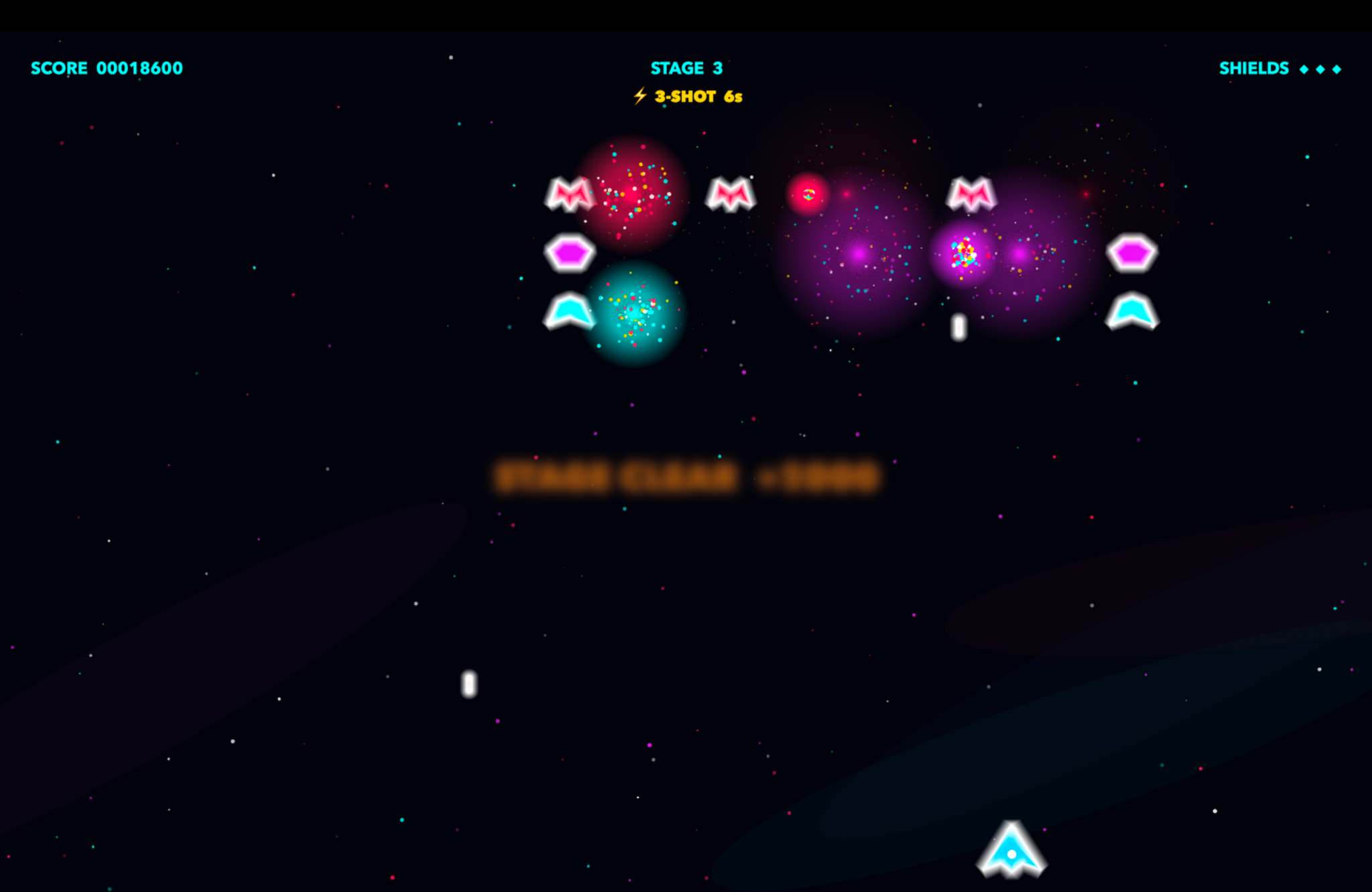 Void stage three gameplay with colorful explosions and three-shot power-up