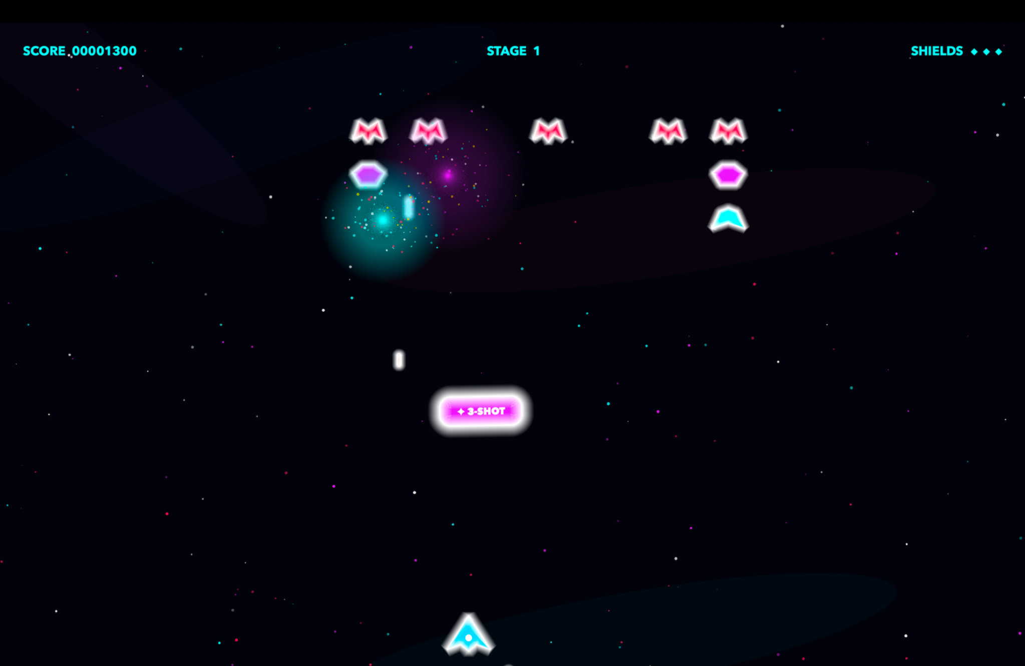 Void stage one gameplay with neon enemies, shots and power-up